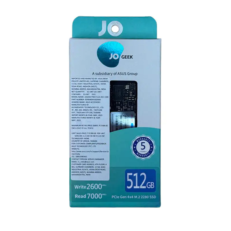 ASUS JOGEEK P4X4 512GB M.2 2280 SSD | YourShoppy.com ASUS JOGEEK P4X4 512GB M.2 2280 PCIe 4.0 SSD retail packaging showing technical specifications and 5-year warranty badge.