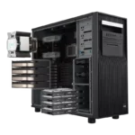 ASUS Pro ET900A X9 Threadripper PRO barebone workstation tower in black showing internal component slots for GPUs and drives.
