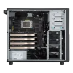 Internal view of ASUS Pro ET900A X9 barebone workstation featuring a black tower chassis with four NVIDIA GPUs installed.