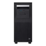 Front view of the black ASUS Pro ET900A X9 Threadripper PRO barebone workstation tower with front-facing ports and drive bays