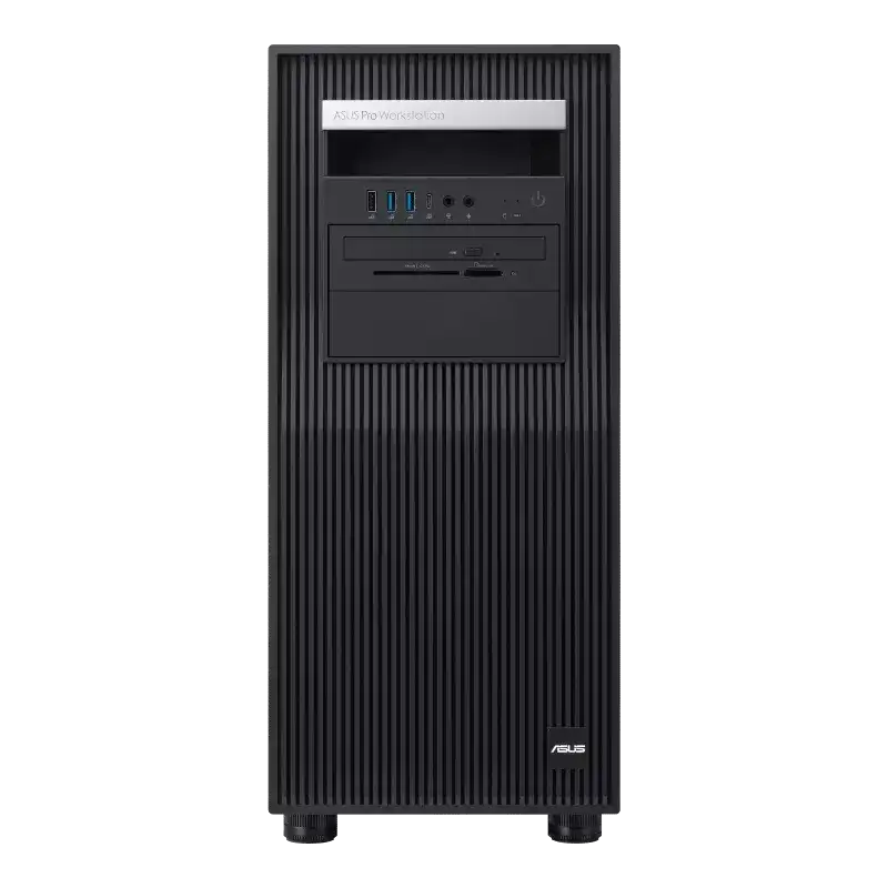 Front view of the black ASUS Pro ET900A X9 Threadripper PRO barebone workstation tower with front-facing ports and drive bays