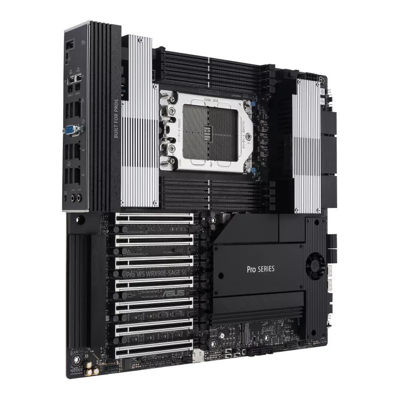 Asus Pro WS WRX90E-SAGE SE workstation motherboard featuring sTR5 socket, 7 PCIe 5.0 slots, and 8 DDR5 RAM slots at YourShopp