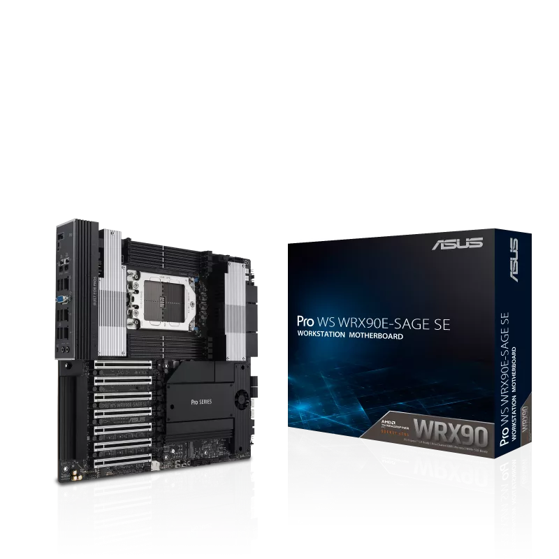 Asus Pro WS WRX90E-SAGE SE workstation motherboard with sTR5 socket and its retail packaging box at YourShoppy.com.
