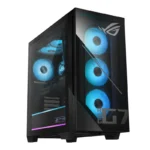 Asus ROG G700TF-7265KF114WS gaming desktop tower featuring a glass side panel, internal RGB lighting, and front ROG branding.