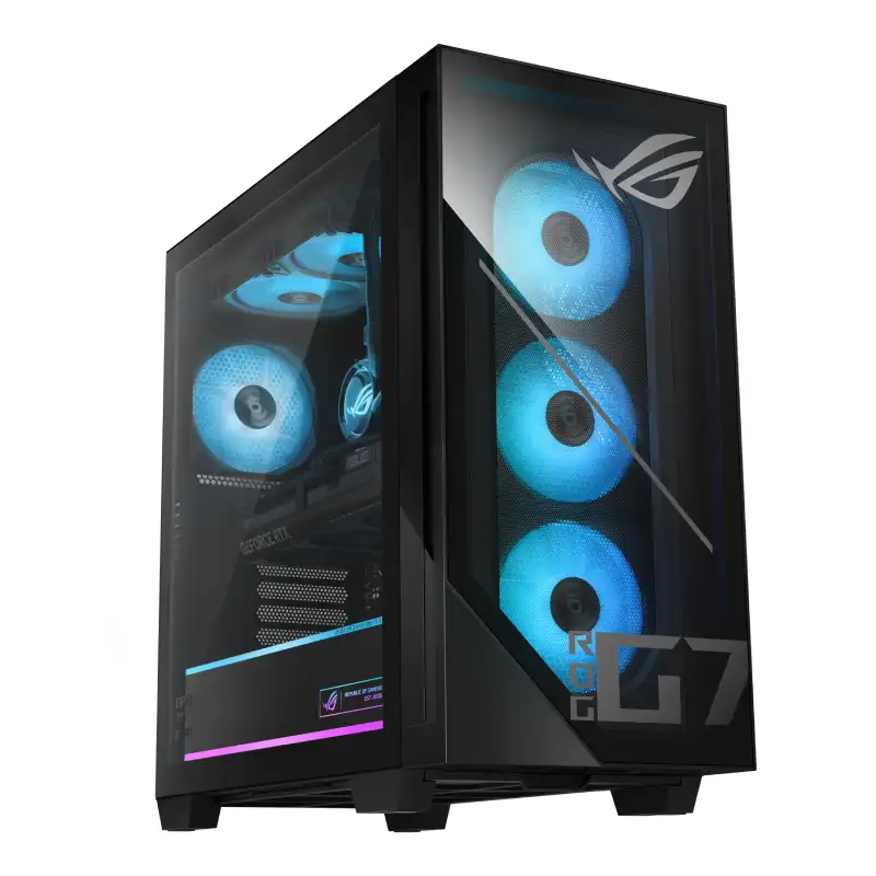 Asus ROG G700TF-7265KF114WS gaming desktop tower featuring a glass side panel, internal RGB lighting, and front ROG branding.