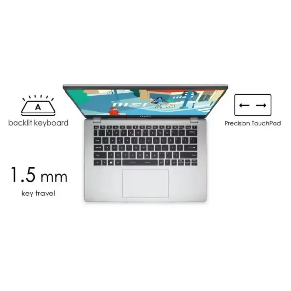 Top-down view of MSI Modern 14 C13M-118IN laptop highlighting its backlit keyboard, 1.5mm key travel, and precision touchpad.