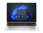 HP 255 G10 15.6-inch laptop in turbo silver with a Windows 11 desktop interface, available at YourShoppy.com in Koramangala.