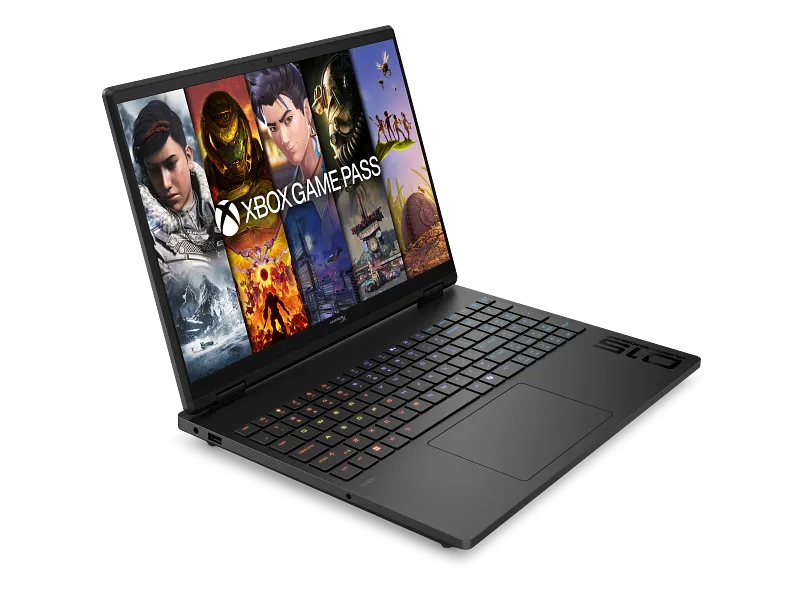 HP OMEN 15-ga0054TX gaming laptop in black with an open lid displaying the Xbox Game Pass interface at YourShoppy.com.