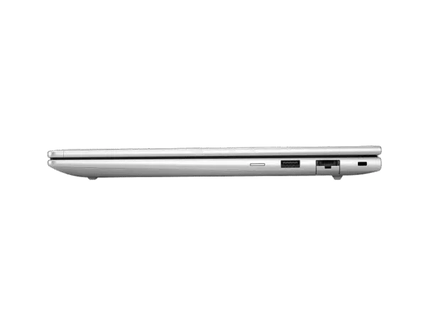 Side profile view of the silver HP ProBook 4 G1i 14 inch laptop showing the slim chassis, USB, and Ethernet ports.