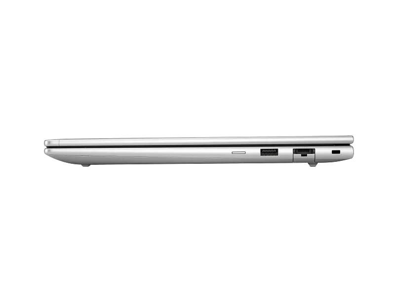 Side profile view of the silver HP ProBook 4 G1i 14 inch laptop showing the slim chassis, USB, and Ethernet ports.