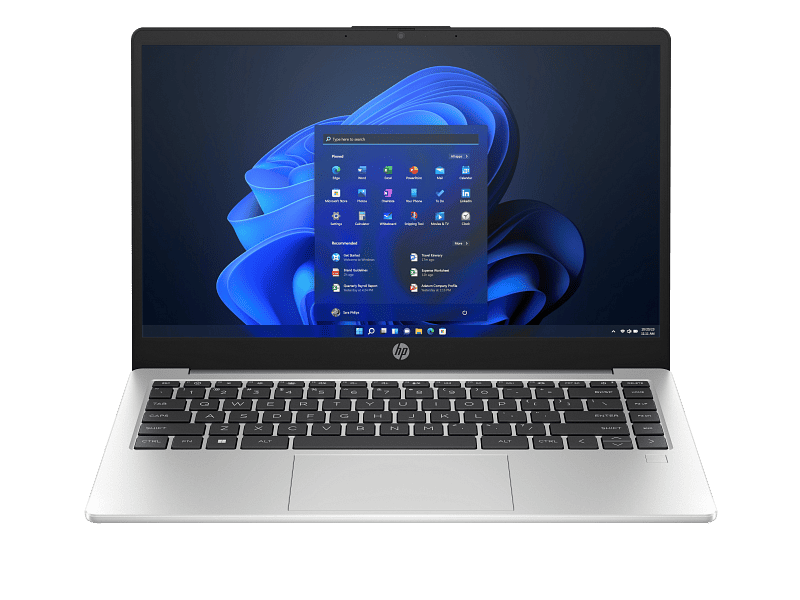 HP 245 G10 DY1L6AT | YourShoppy.com HP 245 G10 14-inch laptop in turbo silver with Windows 11 desktop, featuring a compact keyboard and trackpad at YourShoppy.co