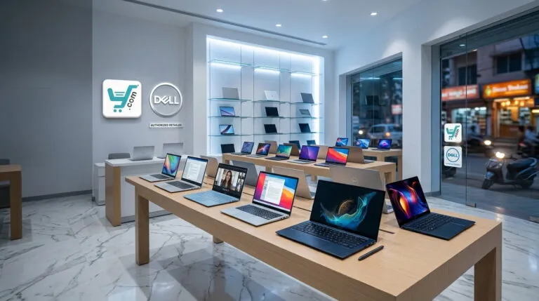 Modern Dell authorized retail store interior at YourShoppy.com in Koramangala, Bangalore, featuring laptops on wooden tables.