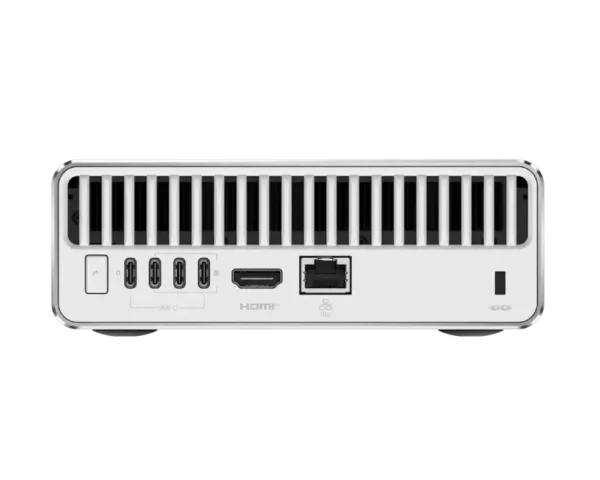 Rear view of MSI EdgeMesa N AI+ Mini PC showing four USB-C ports, HDMI, Ethernet port, and Kensington lock slot.