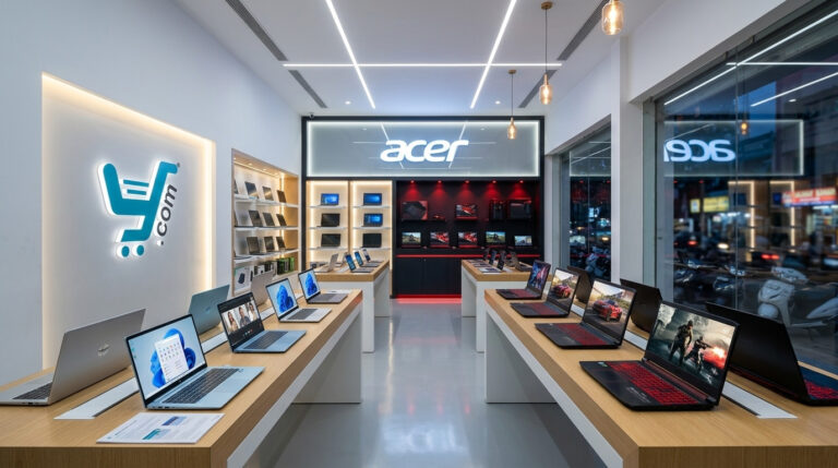 Modern Acer laptop showroom interior at YourShoppy.com in Koramangala, featuring various gaming and business laptop displays.