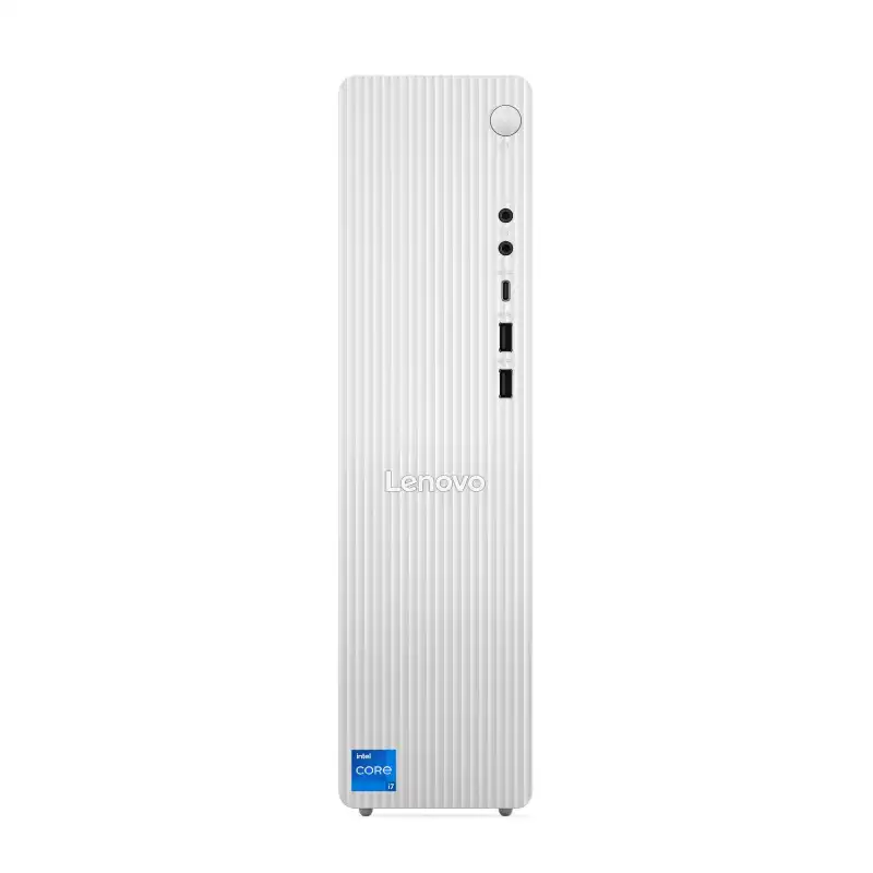 Front view of white Lenovo IdeaCentre 08IRR9 tower desktop featuring a vertical striped design and front-facing ports.