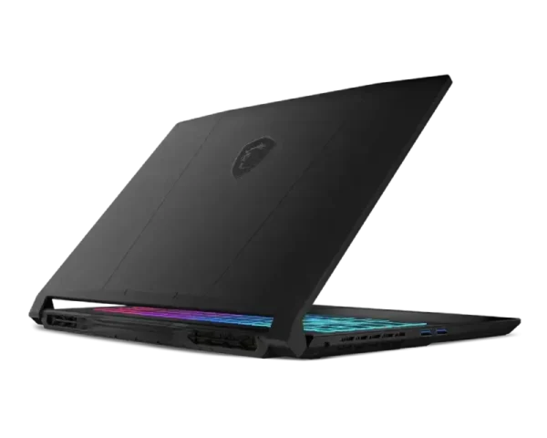 MSI Katana 15 HX B14WEK-111IN gaming laptop in black with RGB keyboard lighting, viewed from the rear angle at YourShoppy.com