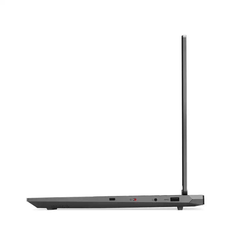 Side profile of Luna Grey Lenovo LOQ 15IRX9 83DV01A9IN gaming laptop showing port connectivity at YourShoppy.com in Bengaluru
