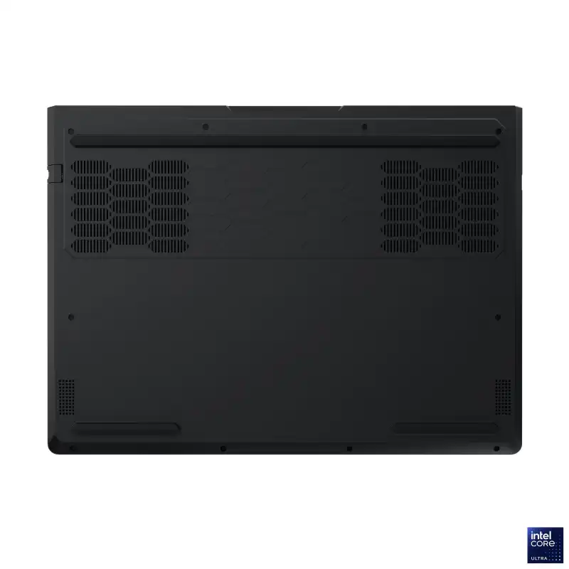 Bottom view of the Lenovo Legion Pro 5 16IAX10H gaming laptop featuring Eclipse Black casing and cooling ventilation grilles.