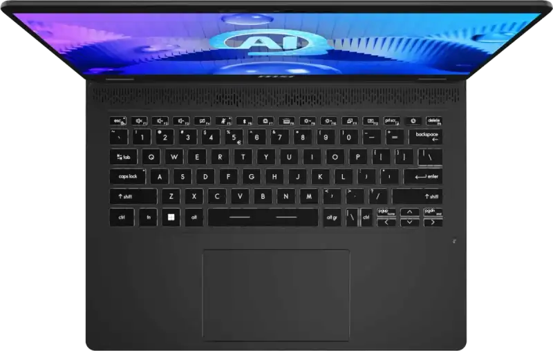 Top-down view of the MSI Prestige 14 AI Evo C1MG-058IN laptop in Stellar Gray with a backlit keyboard at YourShoppy.com.