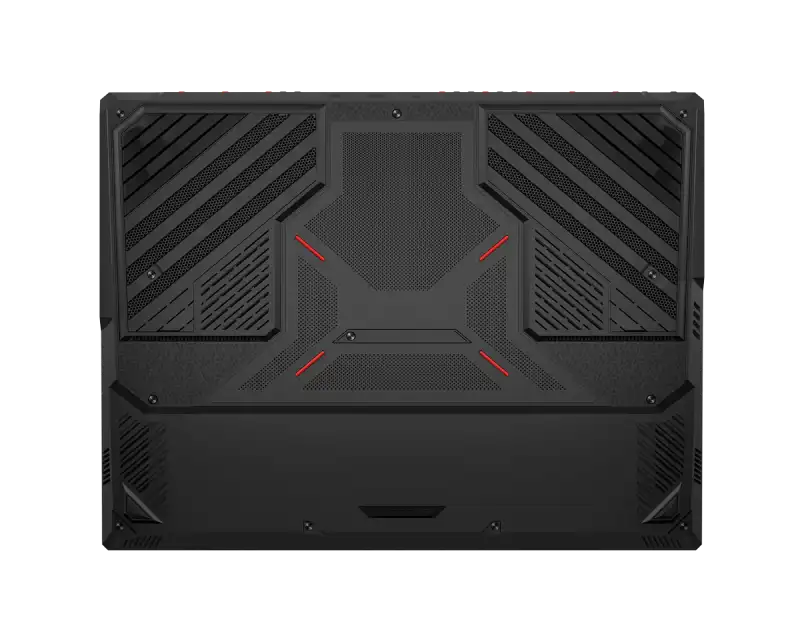 Black base panel of the MSI Raider 18 Max HX A2WJ-1068IN gaming laptop featuring ventilation grilles at YourShoppy.com.
