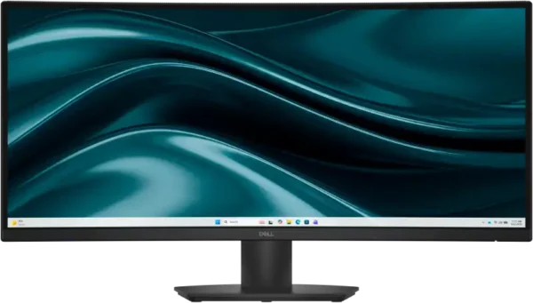 Dell SE3426DW 34-inch WQHD curved gaming monitor with a sleek black stand and vibrant teal abstract desktop wallpaper.