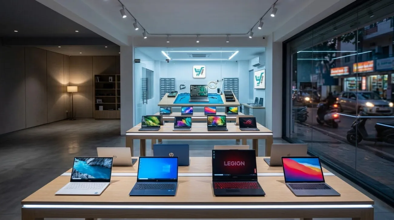 Modern YourShoppy.com retail store in Koramangala, Bangalore, featuring a wide selection of premium laptops on display tables
