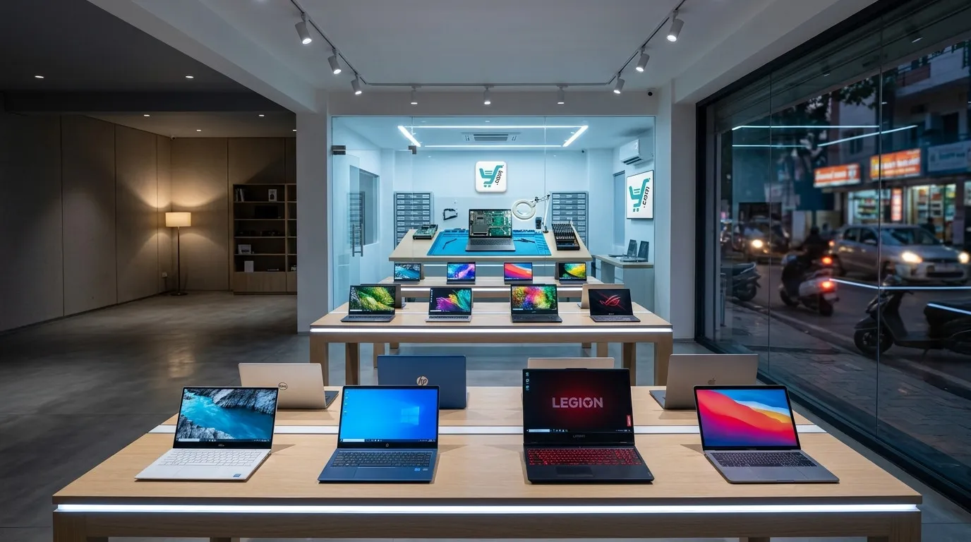 Modern YourShoppy.com retail store in Koramangala, Bangalore, featuring a wide selection of premium laptops on display tables