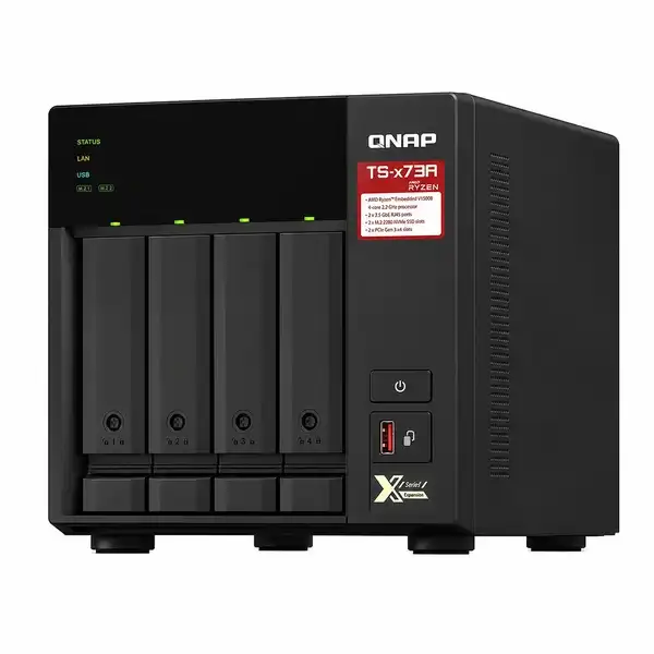 QNAP TS-473A-8G 4-bay NAS tower with AMD Ryzen V1500B processor and 8GB RAM for high-performance business data storage.