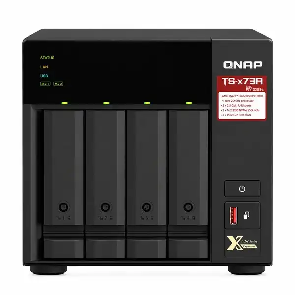 QNAP TS-473A-8G 4-bay tower NAS with AMD Ryzen V1500B processor and 8GB RAM for high-performance business data storage.