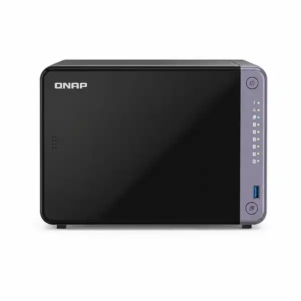 QNAP TS-632X-4G 6-bay tower NAS with Annapurna processor and 4GB RAM featuring a black front panel and status indicator light