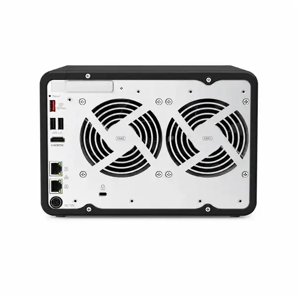 Rear view of QNAP TS-664-8G 6 Bay NAS showing dual cooling fans, HDMI port, dual LAN ports, and multiple USB connectivity opt