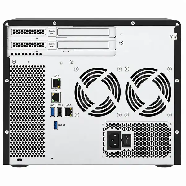 Rear view of QNAP TS-855X-8G 8 Bay NAS showing dual cooling fans, 10GbE, LAN ports, USB 3.2, and expansion slots at YourShopp