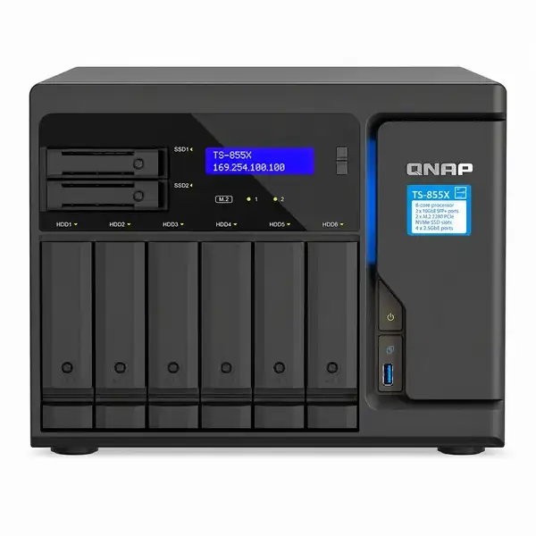 QNAP TS-855X-8G 8-bay tower NAS with Intel Atom C5125 processor, featuring front drive bays, status display, and blue LED lig