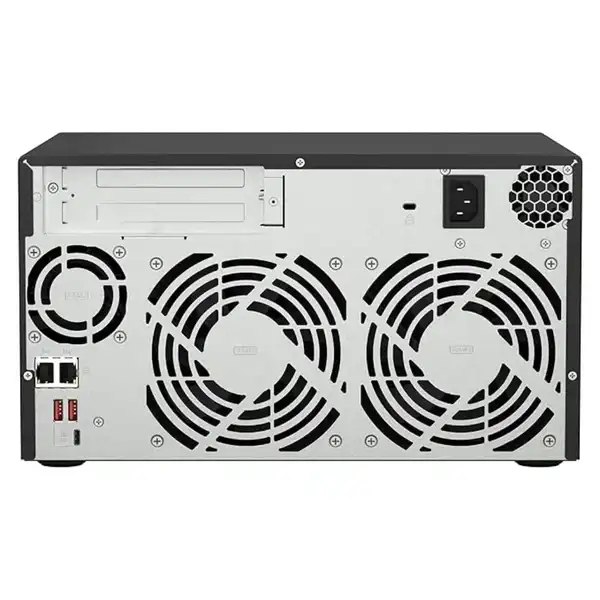 Rear view of QNAP TS-873A-8G NAS showing dual cooling fans, power input, and connectivity ports on the black tower chassis.