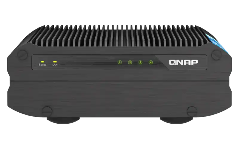 QNAP TS-i410X-8G 4-bay industrial NAS featuring a rugged black metal chassis with status LEDs and four drive bay indicators.