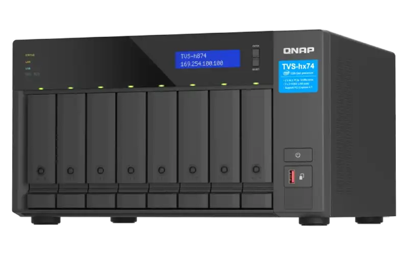 QNAP TVS-h874-i5-32G 8-bay tower NAS with Intel Core i5 processor and 32GB RAM displayed from a front-facing angle.