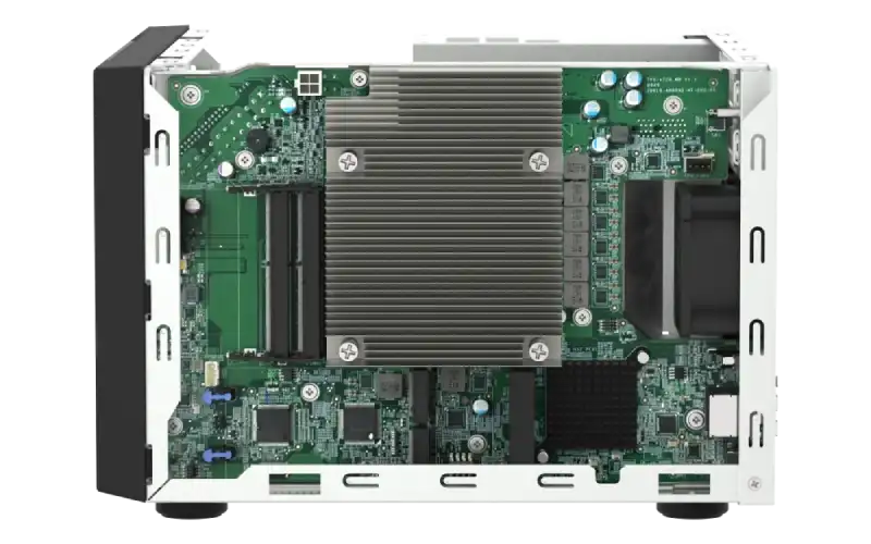 Internal view of QNAP TVS-h874-i7-32G NAS motherboard featuring an Intel Core i7 processor heatsink and RAM slots.
