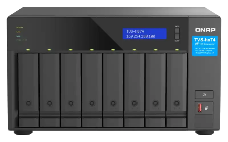 QNAP TVS-h874-i7-32G 8-bay tower NAS with Intel Core i7 processor and LCD status display available at YourShoppy.com.
