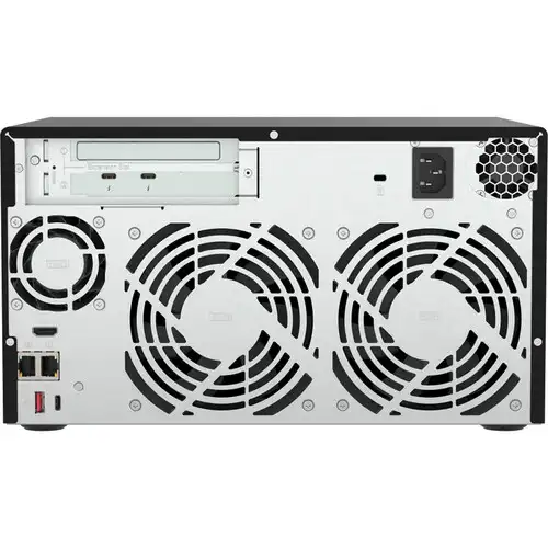 Rear view of QNAP TVS-h874T-i9-64G 8-Bay NAS tower showing cooling fans, power input, network ports, and expansion slots.