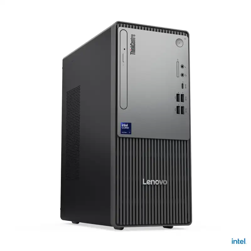 Lenovo ThinkCentre neo 50t Gen 6 13BDS02K00 tower desktop featuring an Intel Core Ultra processor in a sleek black chassis.