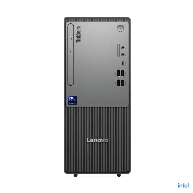 Lenovo ThinkCentre neo 50t Gen 6 13BDS02K00 tower desktop featuring an Intel Core Ultra processor and front-facing I/O ports.