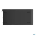 Side view of the black Lenovo ThinkCentre neo 50t Gen 6 13BDS02K00 tower desktop featuring four rubber base feet.