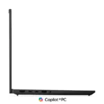 Side profile of Lenovo ThinkPad E14 Gen 7 21U2009MIG laptop showing USB-C, HDMI, and peripheral ports on the black chassis.