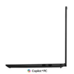 Side profile of the black Lenovo ThinkPad E14 Gen 7 21U2009MIG laptop showing the slim chassis and port connectivity.