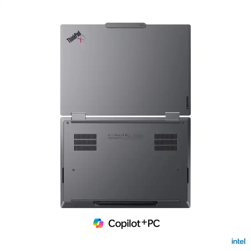 Lenovo ThinkPad X1 2-in-1 Gen 11 Aura Edition 21V9S09V00 grey laptop showing the closed lid and base with cooling vents.