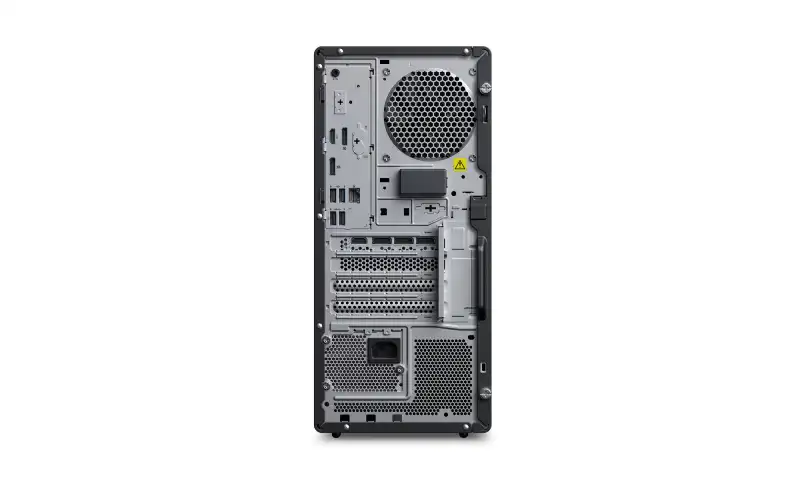 Rear view of Lenovo ThinkStation P2 Tower Gen 2 30JQS0GF00 showing connectivity ports, cooling fan, and power supply input.