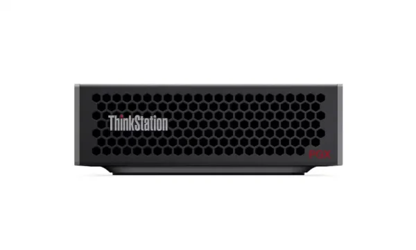 Front view of the black Lenovo ThinkStation PGX 30KLS0F400 mini workstation featuring a honeycomb mesh chassis at YourShoppy.