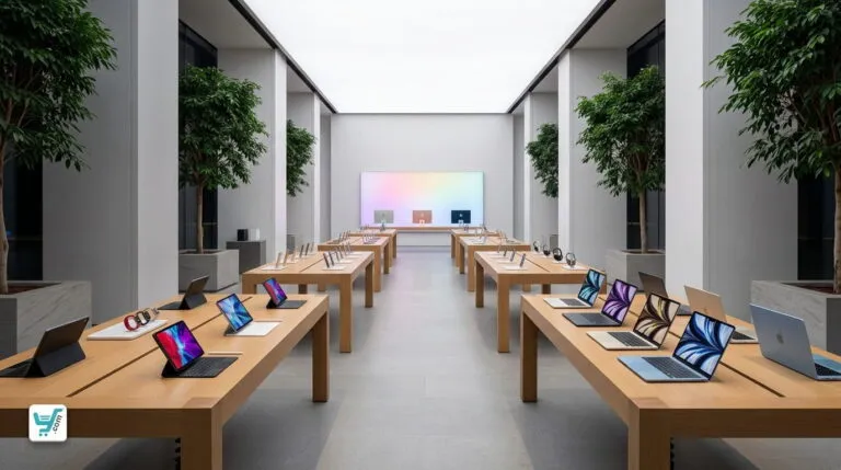 Modern Apple store interior at YourShoppy.com in Koramangala featuring rows of premium MacBook and iPad displays on wooden ta