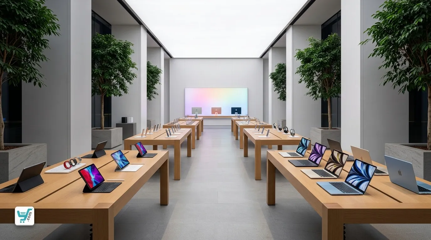 Modern Apple store interior at YourShoppy.com in Koramangala featuring rows of premium MacBook and iPad displays on wooden ta