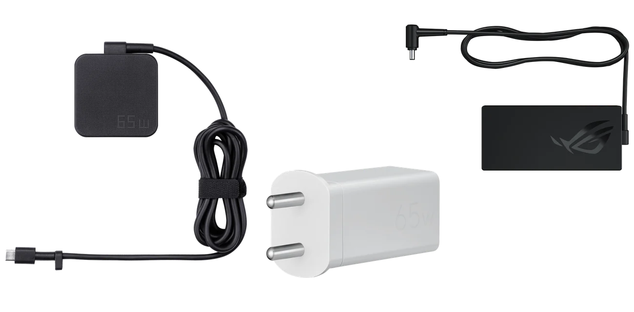 Original ASUS 65W USB-C adapter, 65W GaN charger and ROG gaming adapter